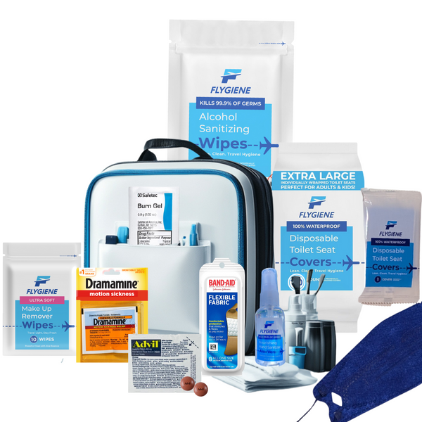 Travel Essentials Kit, 22 Pieces. Dramamine, Advil, Band Aid, Toilet Seat Covers, Sanitizing Wipes