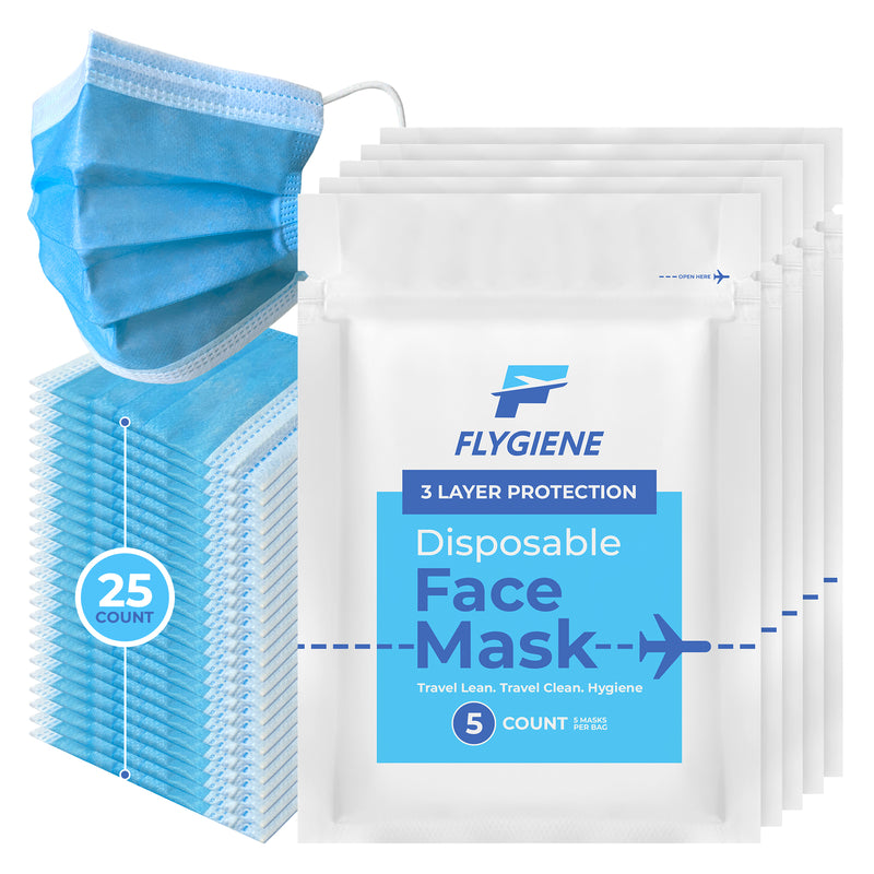 Travel Size Disposable Face Mask | 25 Count (5 Packs of 5)