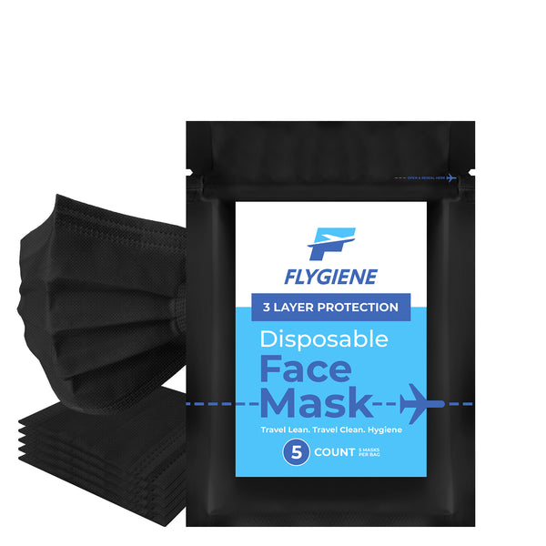 Travel Face Mask | Disposable | 5 Count (1 Pack of 5) | Black