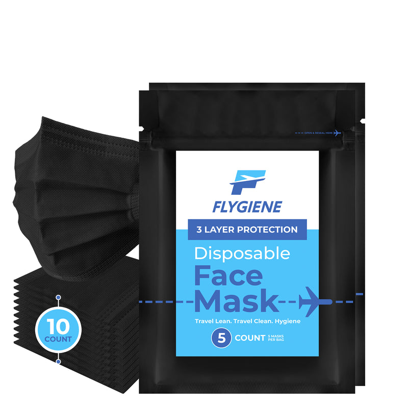 Travel Face Mask | Disposable | 10 Count (2 Packs of 5) | Black